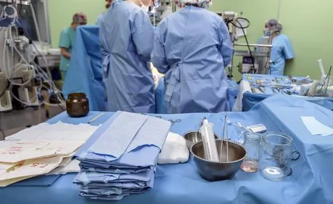 Surgical instruments in operating room on table. Stock Photos