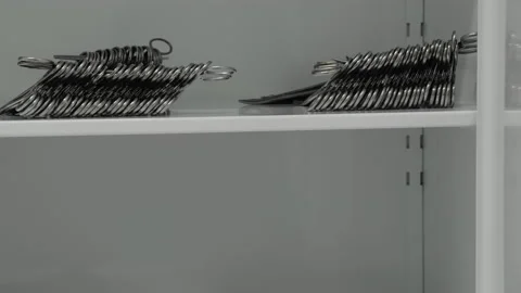 Surgical instruments placed on closet shelves, tools for surgery operation Stock Footage 201484501