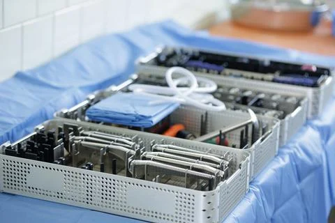 Surgical Instruments Prepared for Complex Hip Replacement Procedure Stock Photos