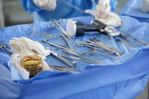 Surgical Instruments Prepared for Complex Hip Replacement Procedure Stock Photos