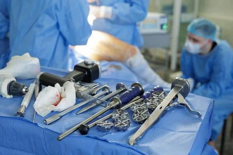 Surgical Instruments Prepared for Hip Replacement Procedure in Operating Room Stock Photos