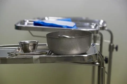 Surgical instruments on the silver tray Stock Photos