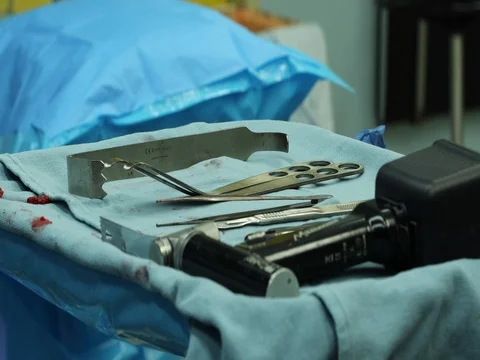 Surgical instruments on a steel tray on the operating room Stock Footage 80275061