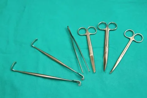 Surgical instruments on sterile table Stock Photos