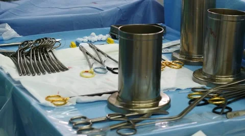 Surgical instruments &amp; tools on a table, 4k footage Stock Footage 55973959