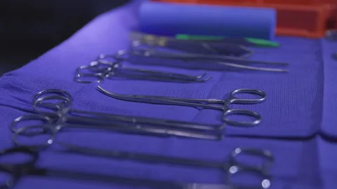 Surgical Instruments on Tray Close Up Pull Back Stock Footage 171140896