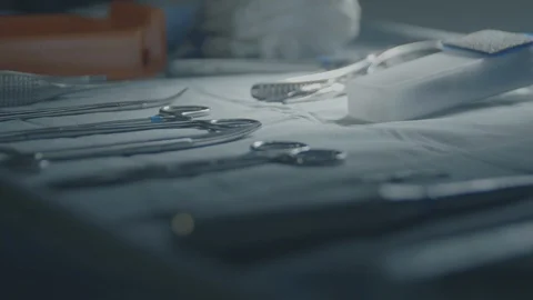Surgical Instruments on Tray Rack Focus Back Stock Footage 96226396
