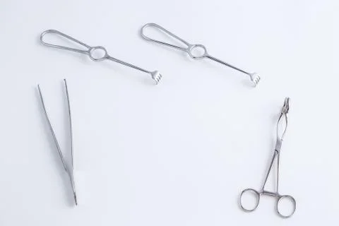 Surgical instruments on white isolated background. top view Stock Photos