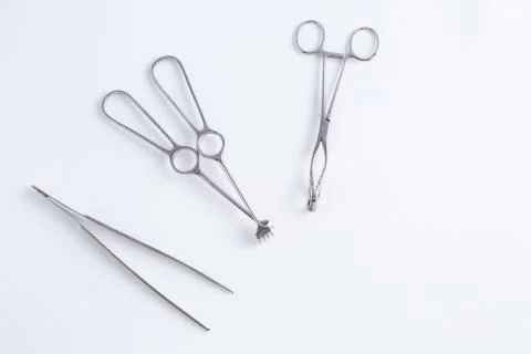 Surgical instruments on white isolated background. top view Stock Photos