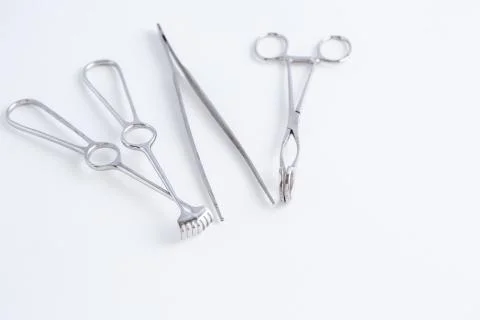 Surgical instruments on white isolated background. top view Stock Photos