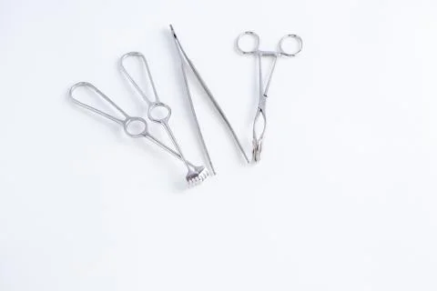 Surgical instruments on white isolated background. top view Stock Photos