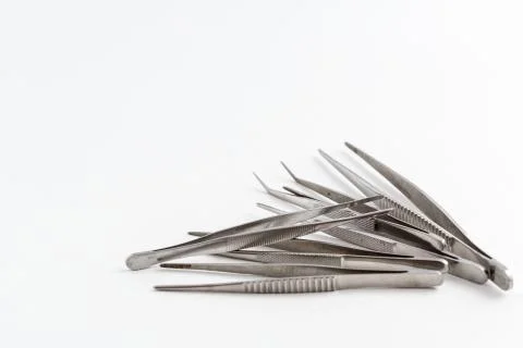 Surgical instruments on white isolated background. top view Stock Photos