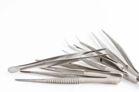 Surgical instruments on white isolated background. top view Stock Photos