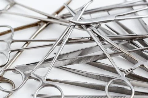 Surgical instruments on white isolated background. top view Stock Photos