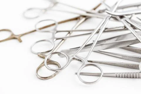 Surgical instruments on white isolated background. top view Stock Photos