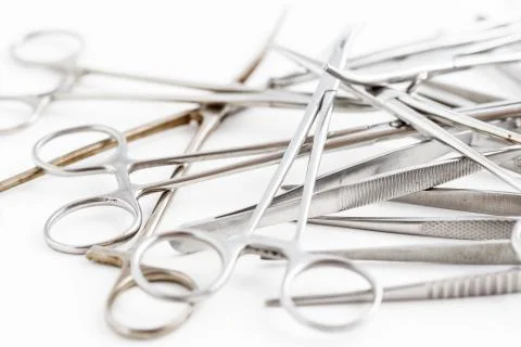 Surgical instruments on white isolated background. top view Stock Photos