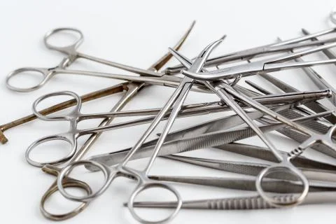 Surgical instruments on white isolated background. top view Stock Photos