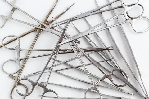 Surgical instruments on white isolated background. top view Stock Photos