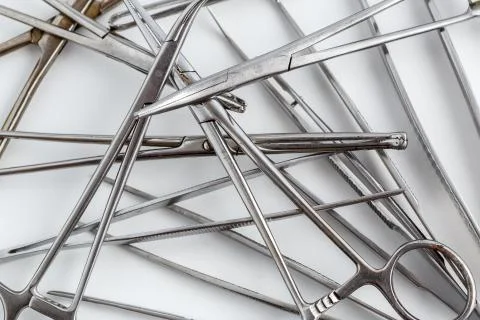 Surgical instruments on white isolated background. top view Stock Photos