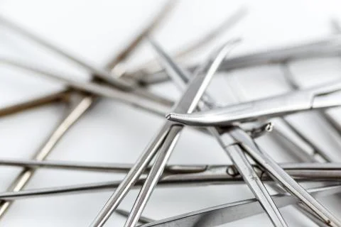 Surgical instruments on white isolated background. top view Stock Photos