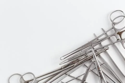 Surgical instruments on white isolated background. top view Stock Photos