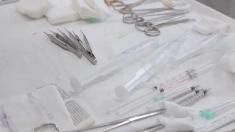 Surgical kit on the table Stock Footage 154586318
