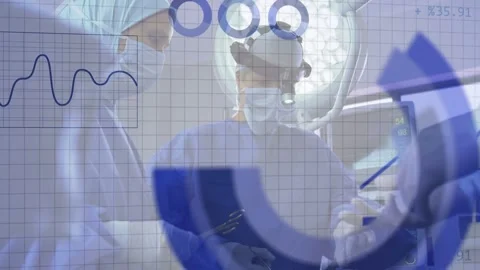 Surgical lead using tools under lamp, HUD overlay collecting data, showing Stock Footage 335282173