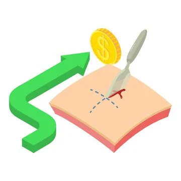 Surgical operation icon isometric vector. Scalpel cut skin arrow with gold coin Stock Illustration