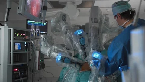 Surgical robotic arm system in fully equipped operating room in modern clinic Stock Footage 245373326