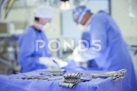 Surgical Scissors On Tray In Operating Room