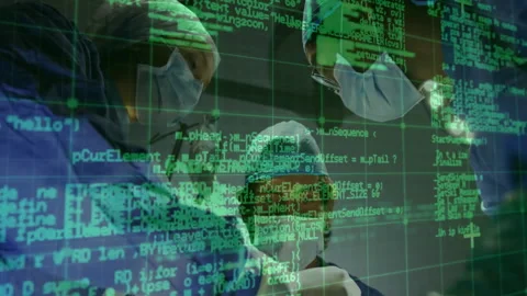Surgical team engaging fading code overlay while performing chest surgery with Video stock 310404976