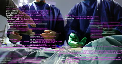 Surgical team hovering hands over drape and activating holographic code overlay Stock Footage 315899176