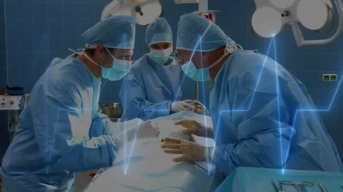 Surgical team operating at drape opening, passing instruments while ECG overlay Stock Footage 331048384