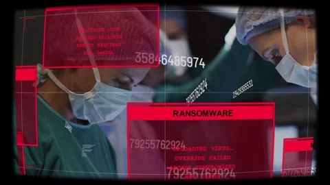 Surgical team operating HUD appearing malware alerts blinding staff overriding Stock Footage 333154163