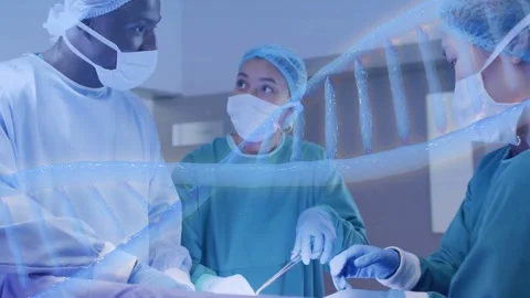 Surgical team operating as lead surgeon handling tools DNA helix drifting across Stock Footage 332614182