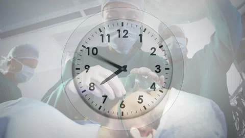 Surgical team operating, transparent clock overlay appearing, tracking time with Video stock 315559602