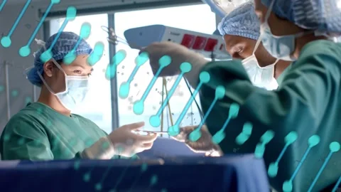 Surgical team passing tools with assistant reaching, operating while teal Stock Footage 332614179