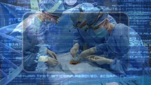 Surgical team performing surgery on abdominal incision, DNA overlay dissolving Stock Footage 331046115