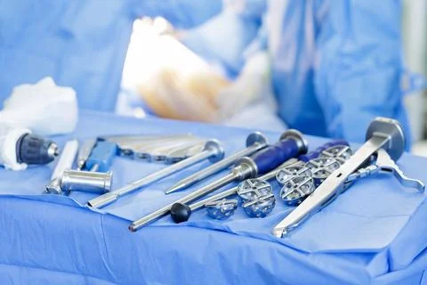 Surgical Tools for Hip Replacement in an Operating Room Setting Stock Photos