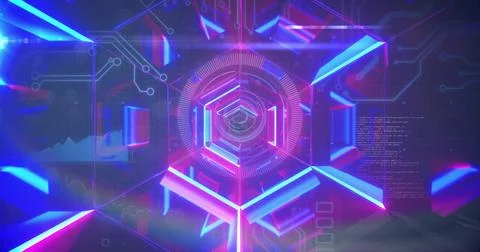 Surging hexagonal tunnel reacting to pulse, pulling neon prisms inward in 库存插图