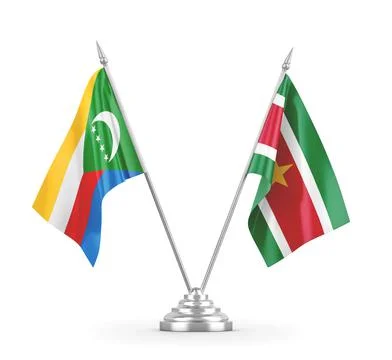 Suriname and Comoros table flags isolated on white 3D rendering Stock Illustration