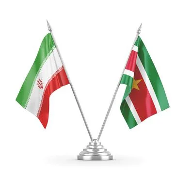 Suriname and Iran table flags isolated on white 3D rendering Stock Illustration