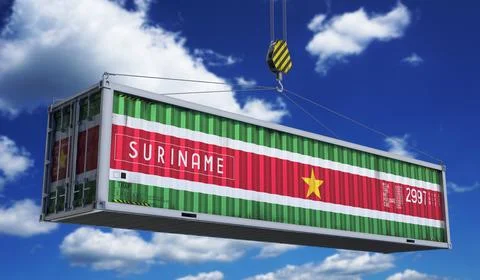 Suriname - cargo container hanging on crane for international trade and log.. 库存插图