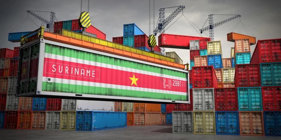 Suriname - freight container in cargo terminal - 3D illustration Stock Illustration
