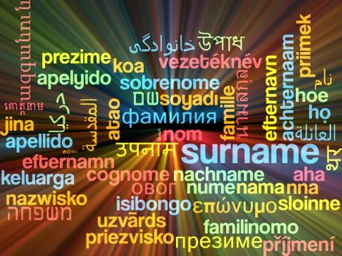 Surname multilanguage wordcloud background concept glowing Stock Illustration