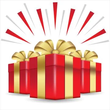 Surprise 3 gift boxes. Red gift box with golden ribbon bow. 3d style. Illustrazione stock