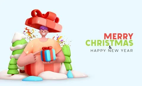 Surprise box open inside cute man. Pink and red present box opening inside .. Stock Illustration