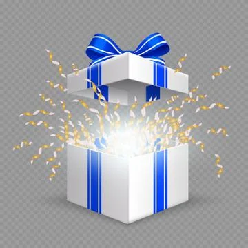 Surprise box. Opening gift box with blue silk ribbon bow. Vector Christmas Stock Illustration