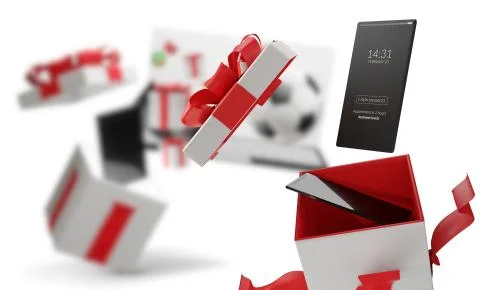 Surprise box present with full screen mobile phone white 3d-illustration Stock Illustration