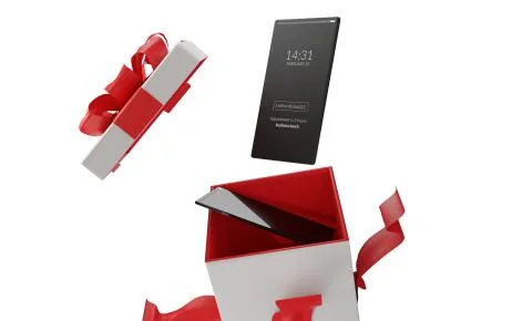 Surprise box present with full screen mobile phone white 3d-illustration Stock Illustration